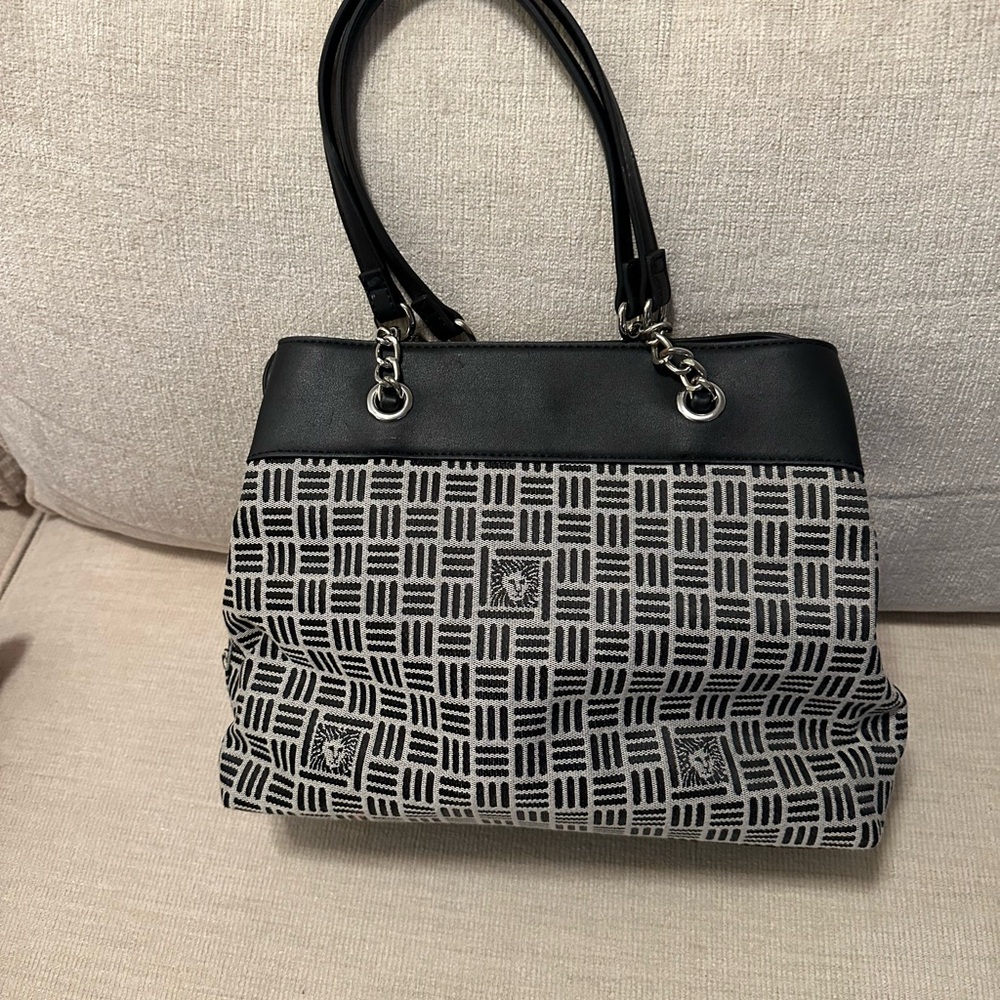 Anne Klein Black and Cream Patterned Shoulder Tote with Charm - Picture 2 of 8